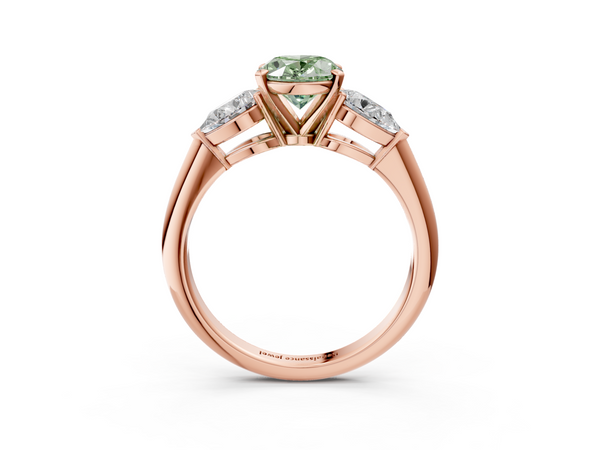 Rose gold Three-Stone Fancy Green Oval Cut Diamond Ring with Pear Side Stones and Four-Prong Setting