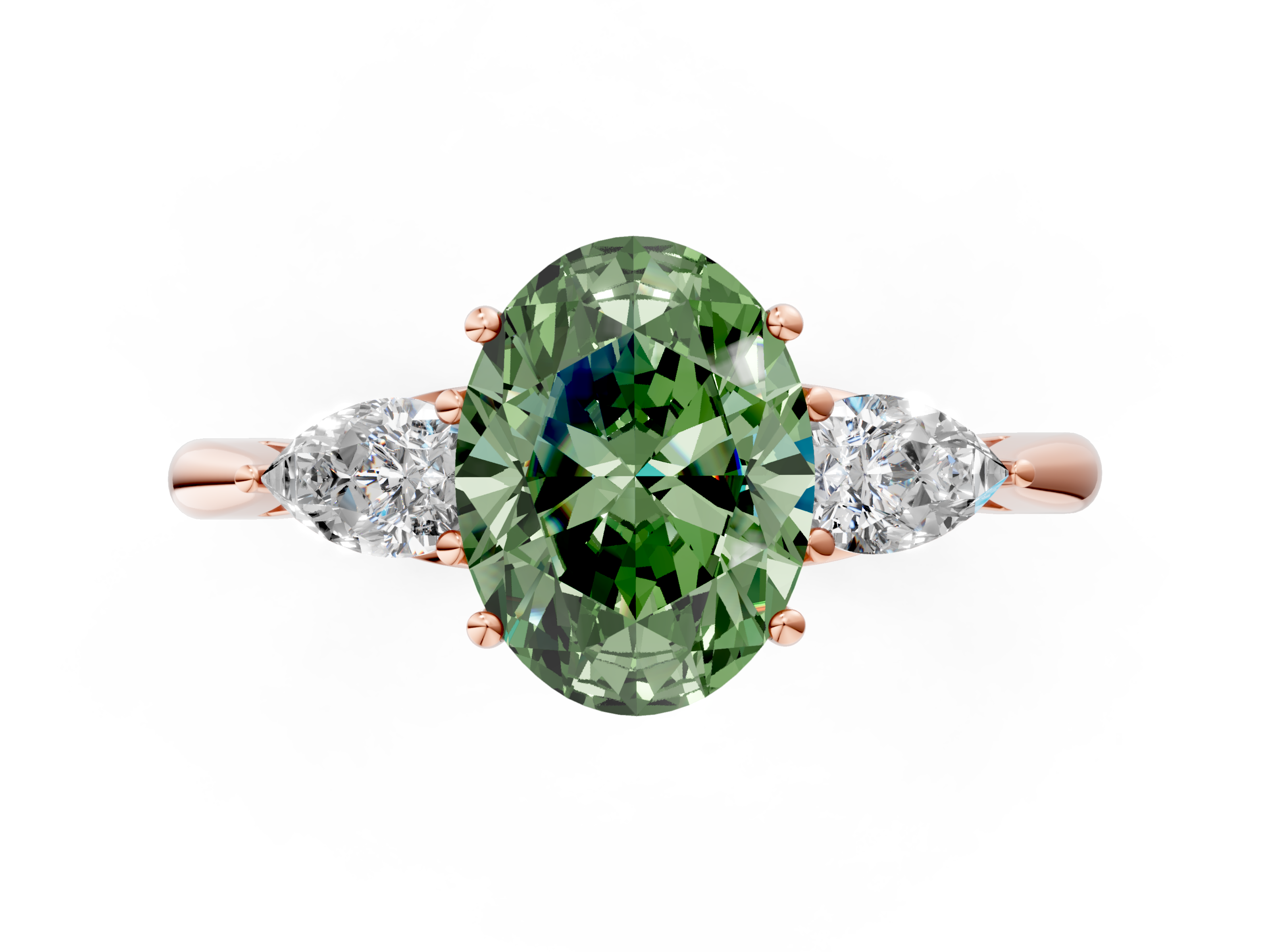 Rose gold Three-Stone Fancy Green Oval  Diamond Solitaire Ring with Pear Side Stones and Four-Prong Setting_31