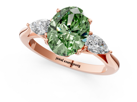Rose gold Three-Stone Fancy Green Oval  Diamond Solitaire Ring with Pear Side Stones and Four-Prong Setting_32