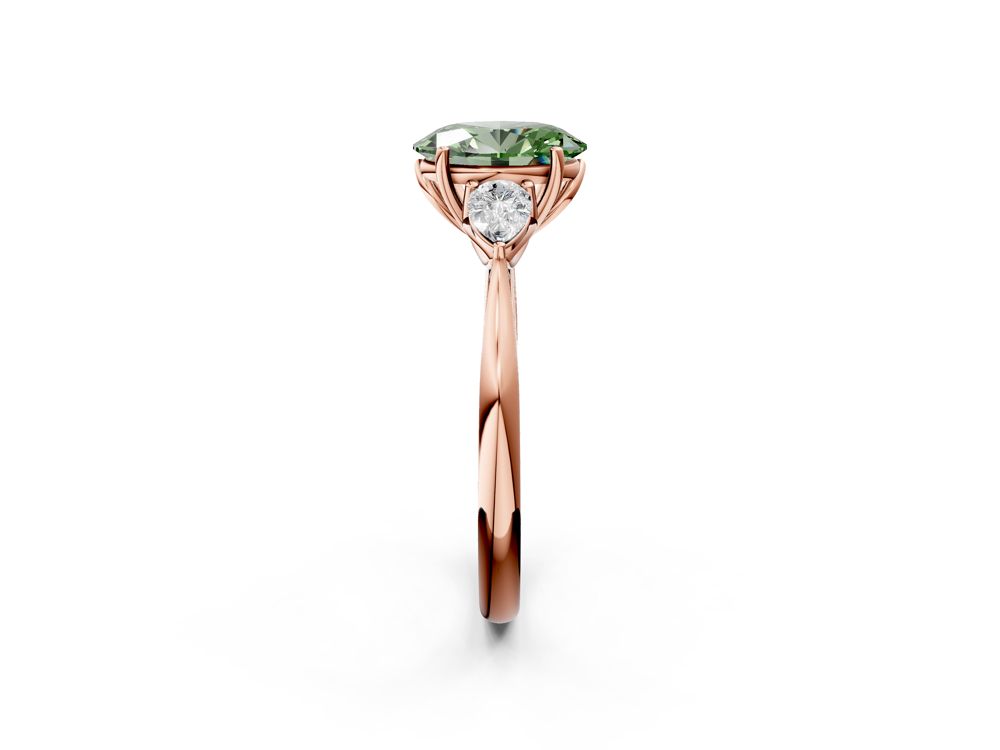Rose gold Three-Stone Fancy Green Oval  Diamond Solitaire Ring with Pear Side Stones and Four-Prong Setting_33