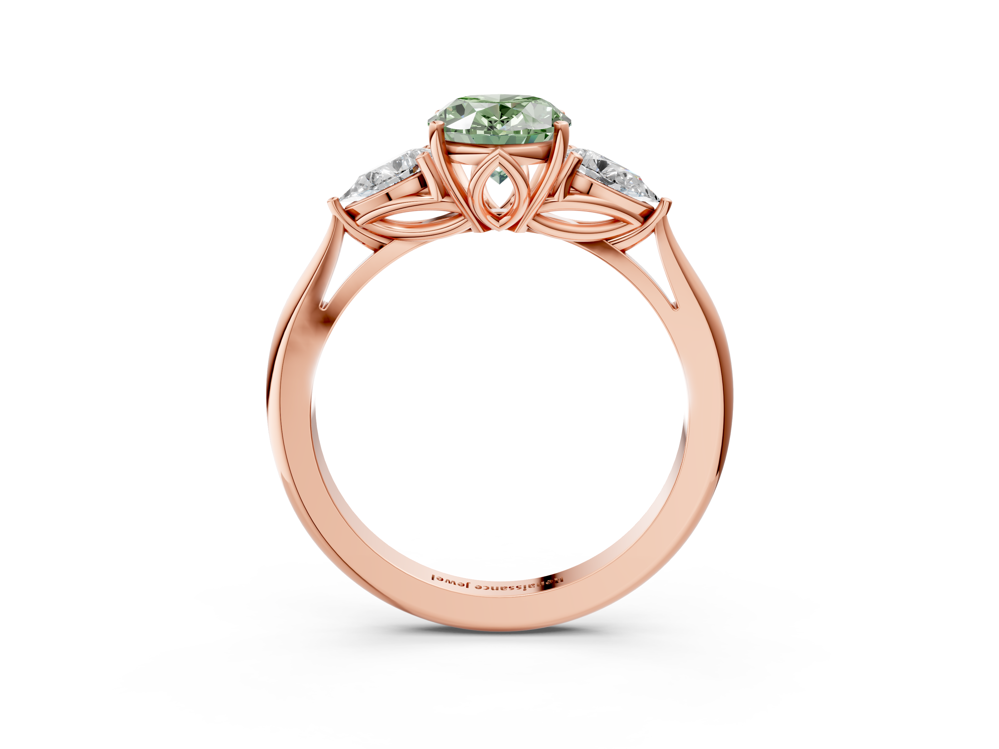 Rose gold Three-Stone Fancy Green Oval  Diamond Solitaire Ring with Pear Side Stones and Four-Prong Setting_34
