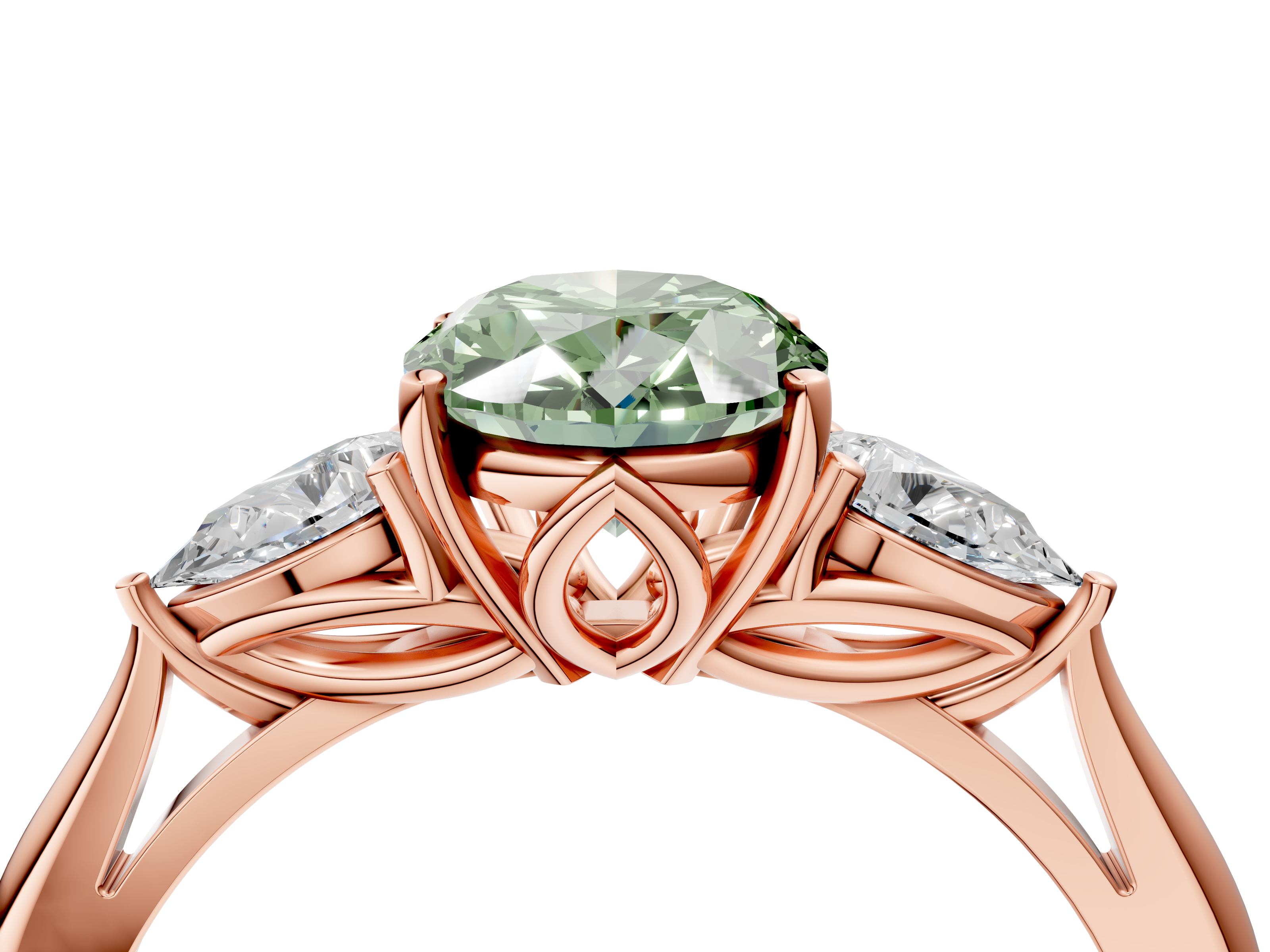 Rose gold Three-Stone Fancy Green Oval  Diamond Solitaire Ring with Pear Side Stones and Four-Prong Setting_35