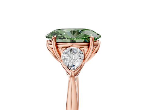 Rose gold Three-Stone Fancy Green Oval  Diamond Solitaire Ring with Pear Side Stones and Four-Prong Setting_36