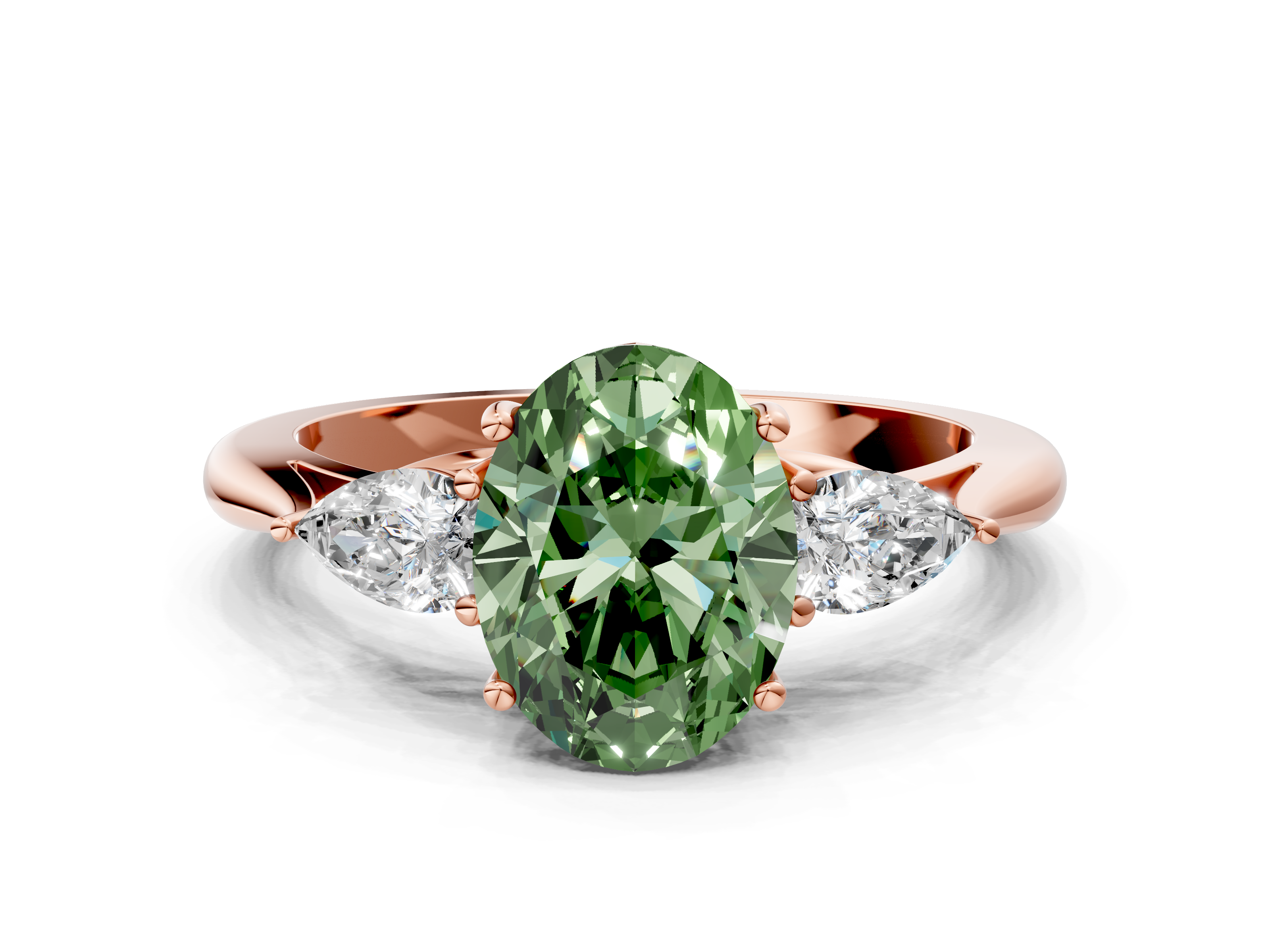 Rose gold Three-Stone Fancy Green Oval  Diamond Solitaire Ring with Pear Side Stones and Four-Prong Setting_48
