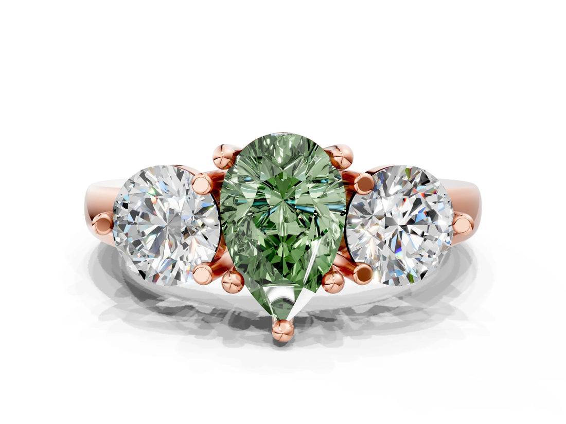 Rose gold Three-Stone Fancy Green Pear  Brilliant Cut Solitaire Ring with Prong Setting on a Classic Band 1