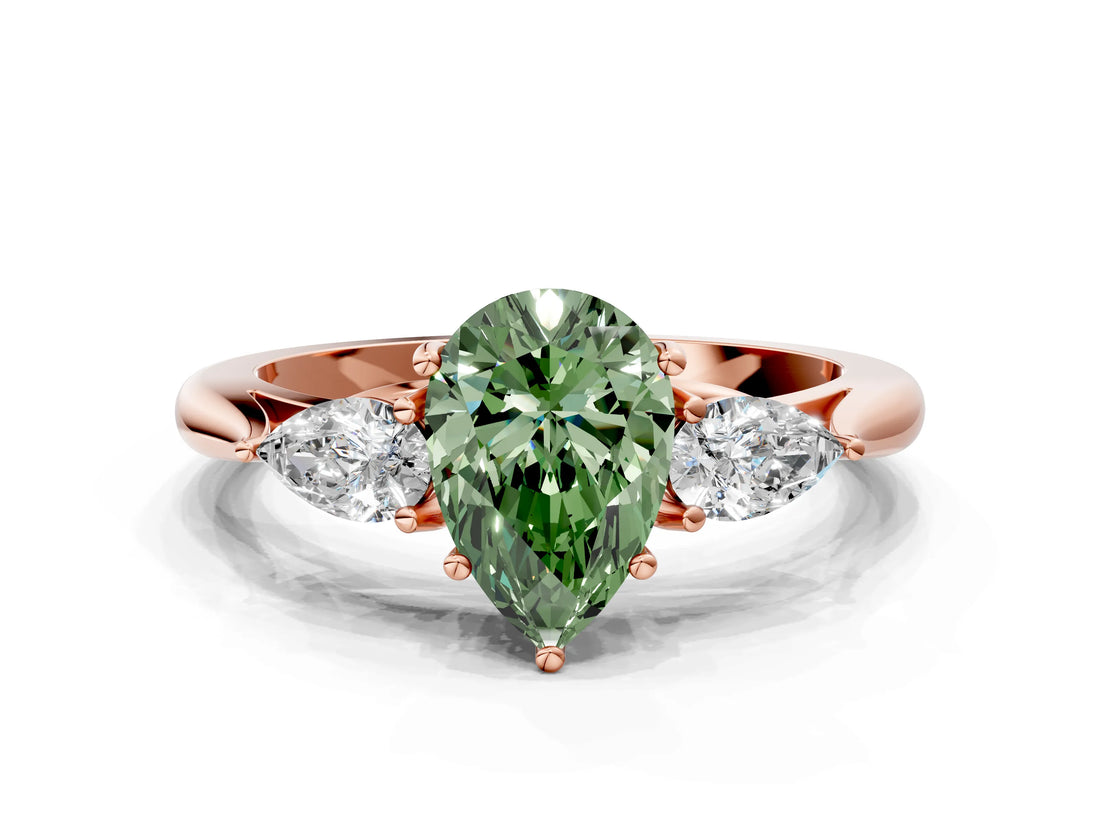 Rose gold Three-Stone Fancy Green Pear Cut Brilliant Diamond Solitaire Ring with Tapered Band and Four-Prong Setting_14