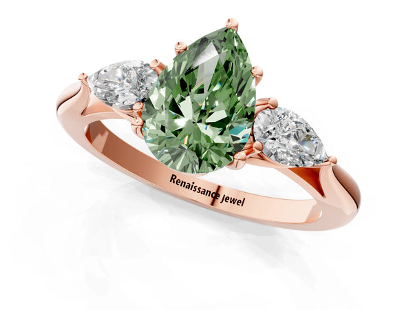 Rose gold Three-Stone Fancy Green Pear Cut Brilliant Diamond Solitaire Ring with Tapered Band and Four-Prong Setting