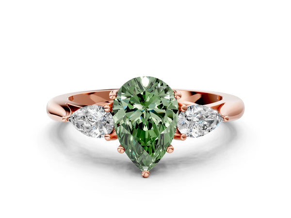 Rose gold Three-Stone Fancy Green Pear Cut Brilliant Diamond Solitaire Ring with Tapered Band and Four-Prong Setting