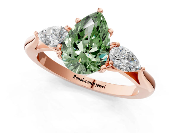 Rose gold Three-Stone Fancy Green Pear Cut Brilliant Diamond Solitaire Ring with Tapered Band and Four-Prong Setting