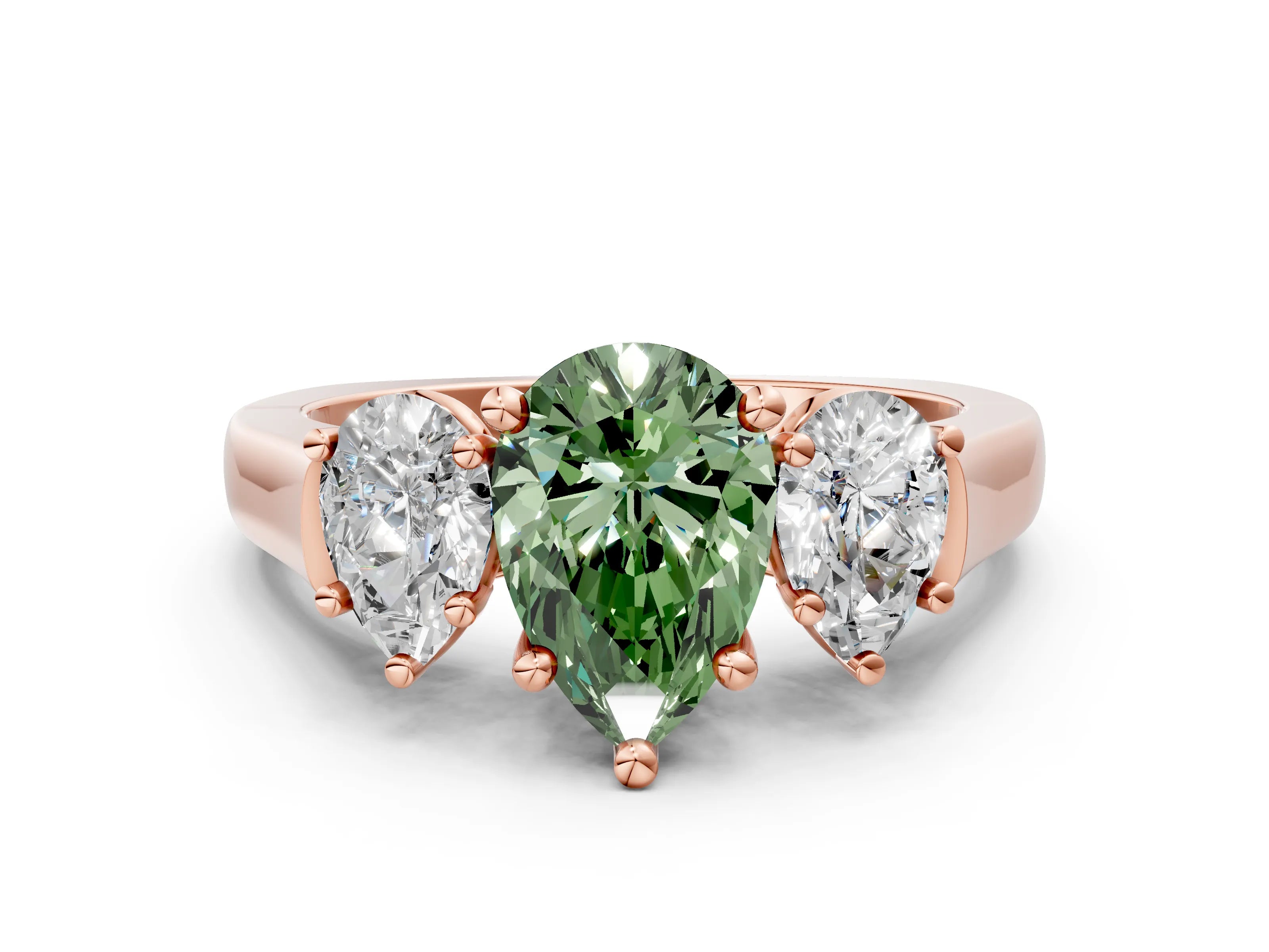 Rose gold Three-Stone Fancy Green Pear Cut Brilliant Diamond Trellis Ring with Comfort Fit Band