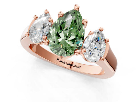 Rose gold Three-Stone Fancy Green Pear Cut Brilliant Diamond Trellis Ring with Comfort Fit Band_1
