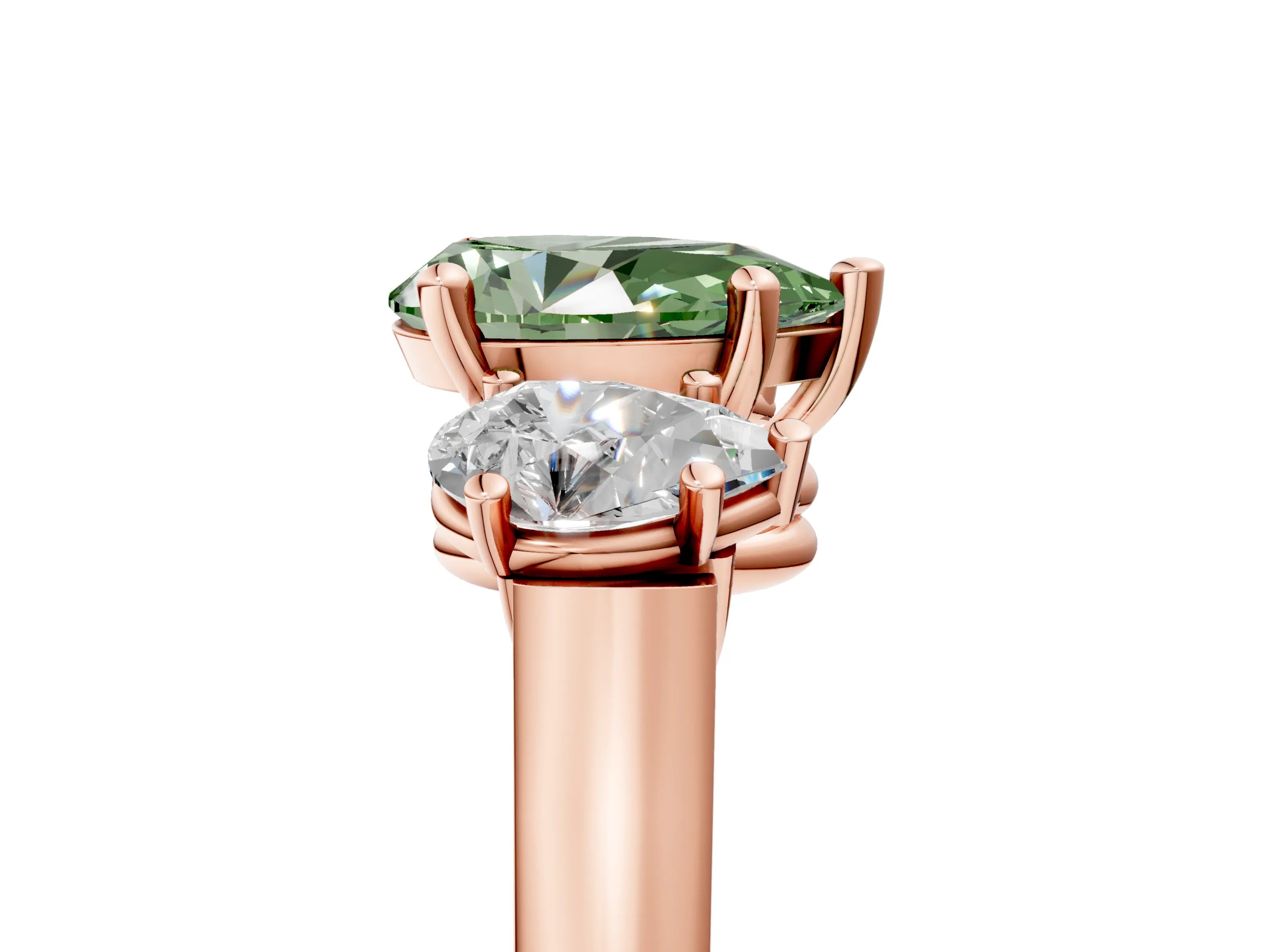 Rose gold Three-Stone Fancy Green Pear Cut Brilliant Diamond Trellis Ring with Comfort Fit Band_5