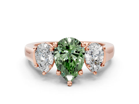 Rose gold Three-Stone Fancy Green Pear Cut Brilliant Diamond Trellis Ring with Comfort Fit Band