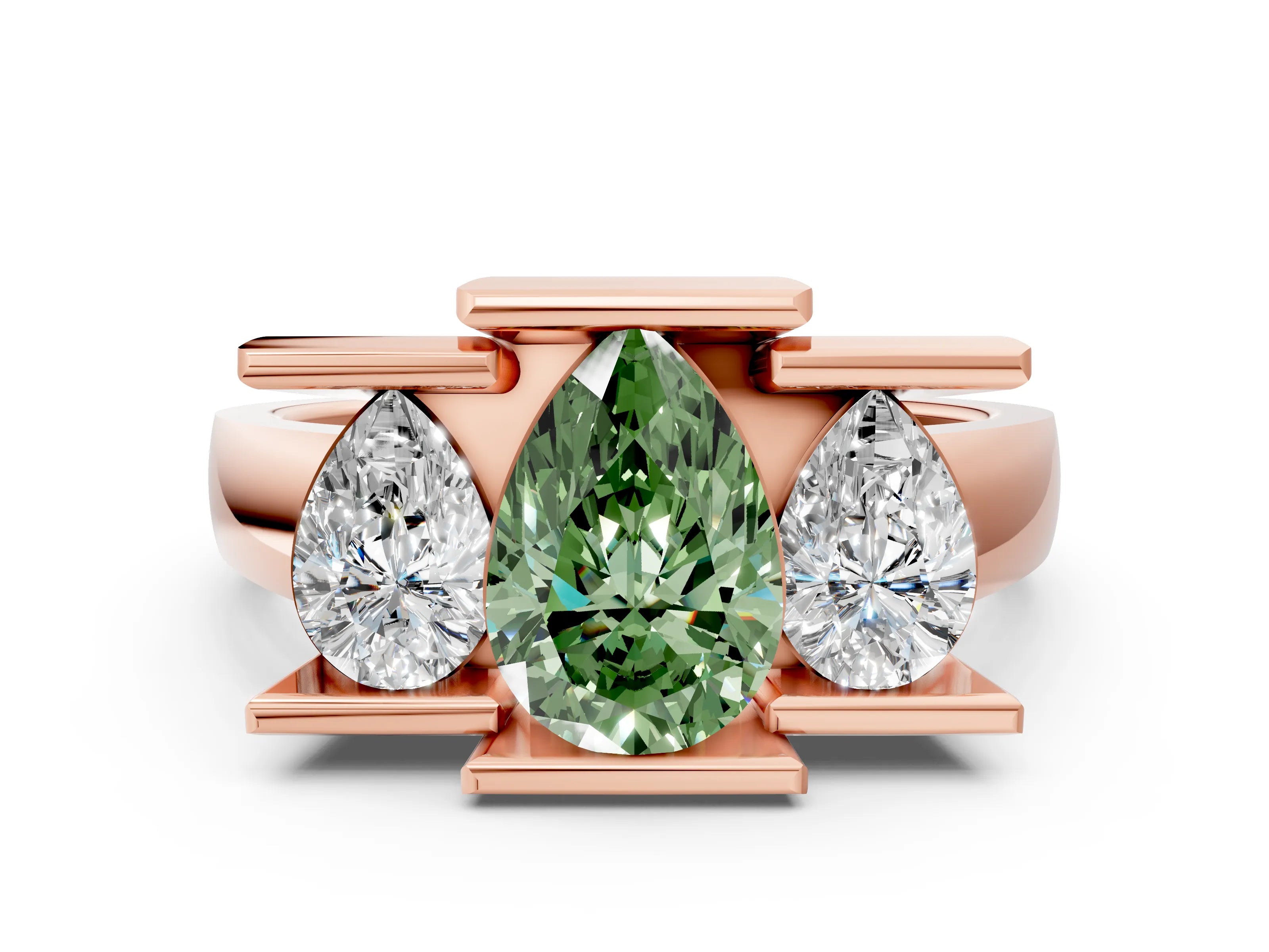 Rose gold Three Stone Fancy Green Pear Cut Cut Channel Set Diamond Ring
