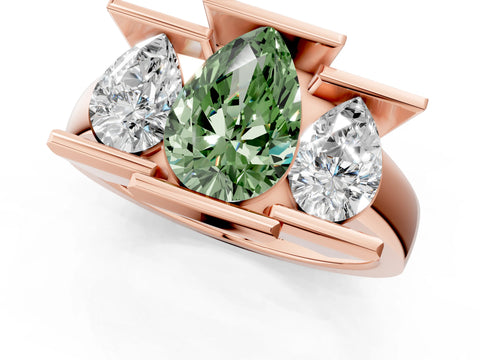 Rose gold Three Stone Fancy Green Pear Cut Cut Channel Set Diamond Ring_1