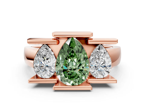 Rose gold Three Stone Fancy Green Pear Cut Cut Channel Set Diamond Ring