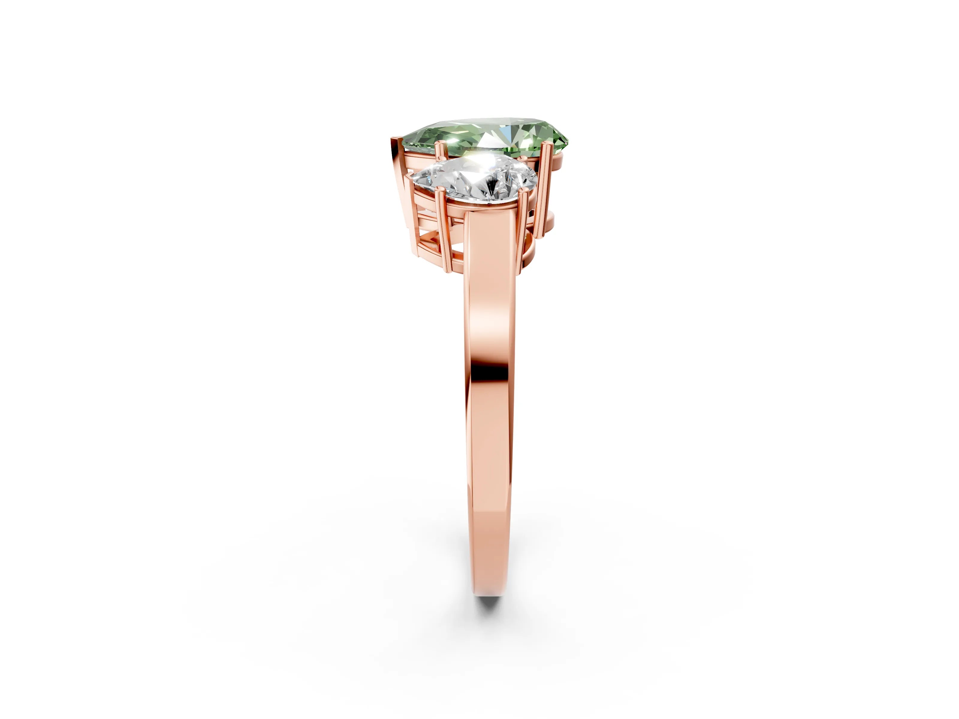 Rose gold Three-Stone Fancy Green Pear Cut Cut Diamond Engagement Ring with Flat Band and Four-Prong Setting_2
