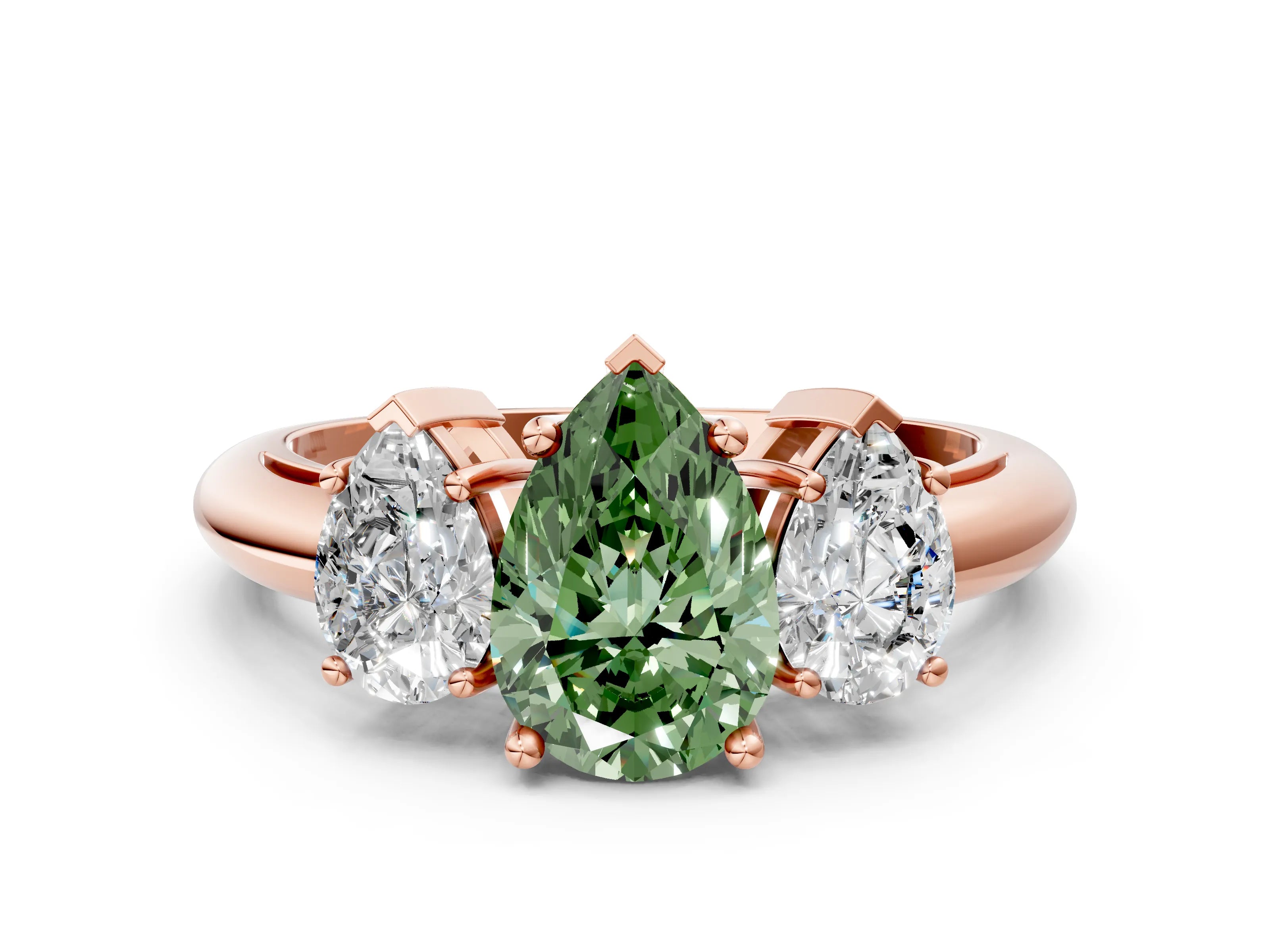 Rose gold Three-Stone Fancy Green Pear Cut Cut Diamond Engagement Ring with Prong Setting on a White Gold Band