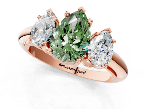 Rose gold Three-Stone Fancy Green Pear Cut Cut Diamond Engagement Ring with Prong Setting on a White Gold Band_1