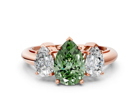 Rose gold Three-Stone Fancy Green Pear Cut Cut Diamond Engagement Ring with Prong Setting on a White Gold Band