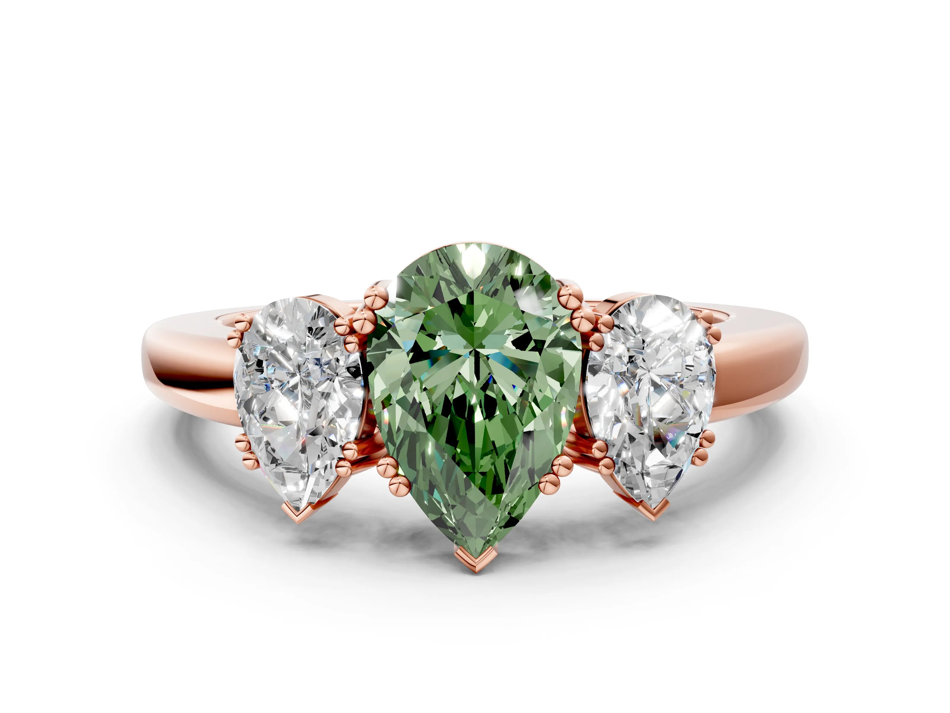 Rose gold Three-Stone Fancy Green Pear Cut Cut Diamond Ring with Channel Set Band and Four-Prong Setting