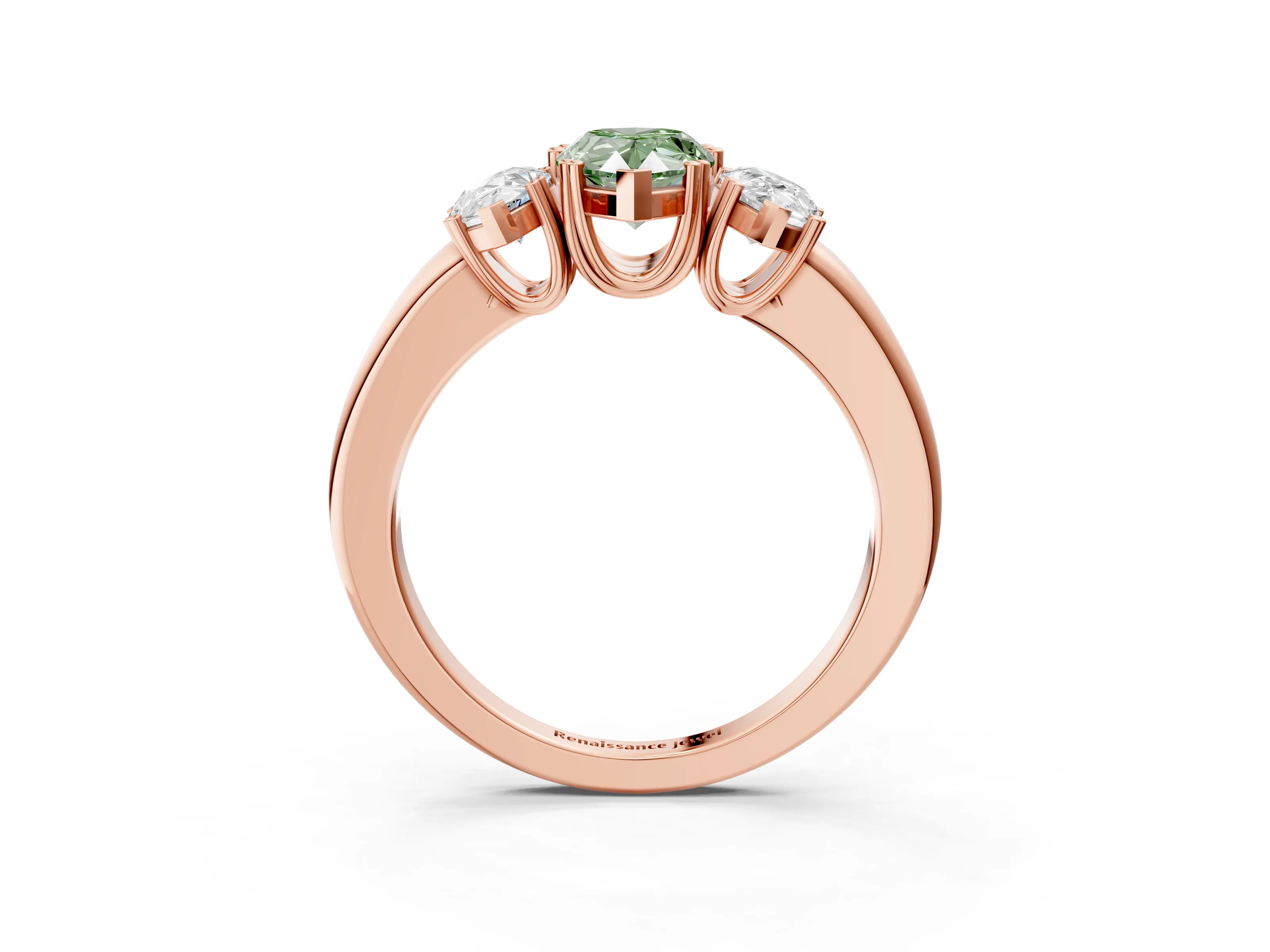 Rose gold Three-Stone Fancy Green Pear Cut Cut Diamond Ring with Channel Set Band and Four-Prong Setting_3