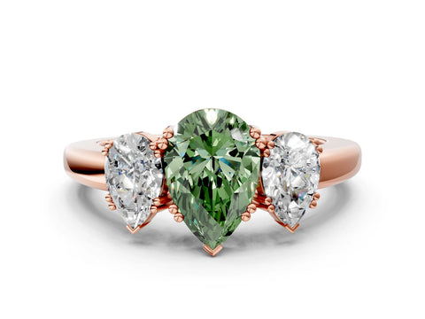 Rose gold Three-Stone Fancy Green Pear Cut Cut Diamond Ring with Channel Set Band and Four-Prong Setting