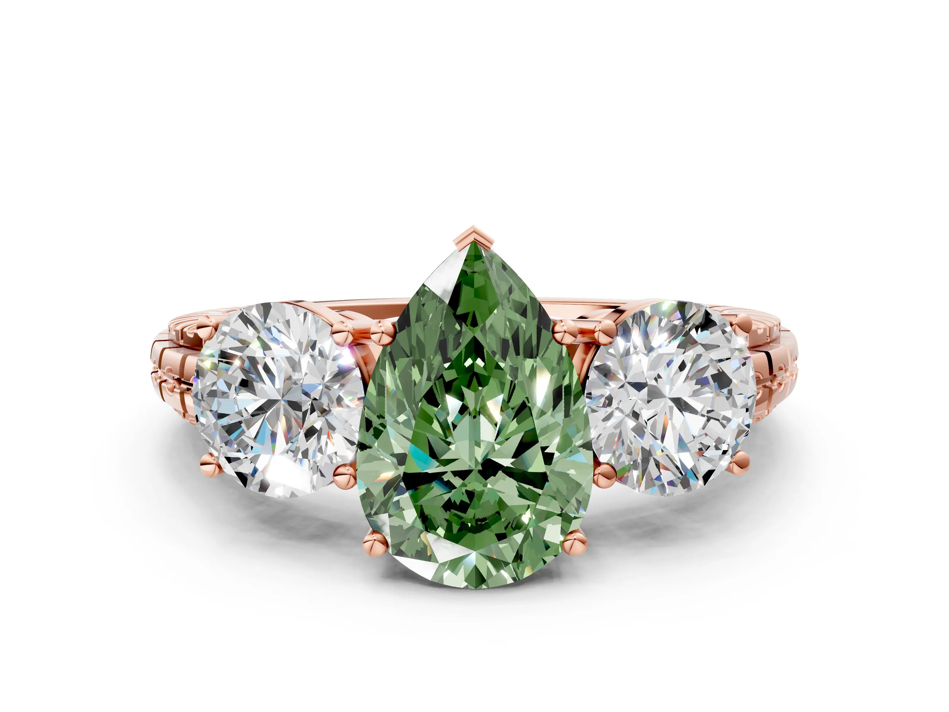 Rose gold Three-Stone Fancy Green Pear Cut Cut Diamond Ring with Channel-Set Band and Prong Setting