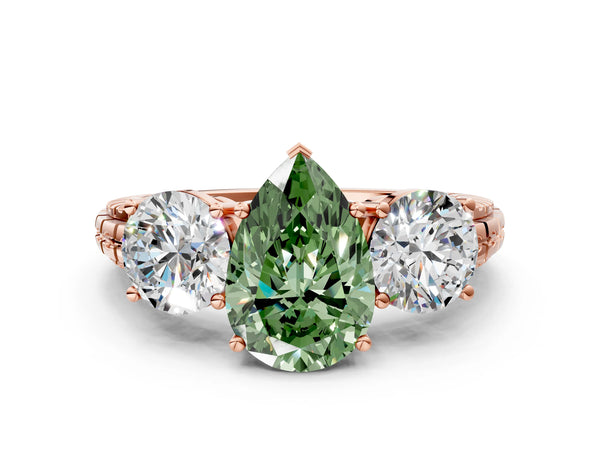 Rose gold Three-Stone Fancy Green Pear Cut Cut Diamond Ring with Channel-Set Band and Prong Setting