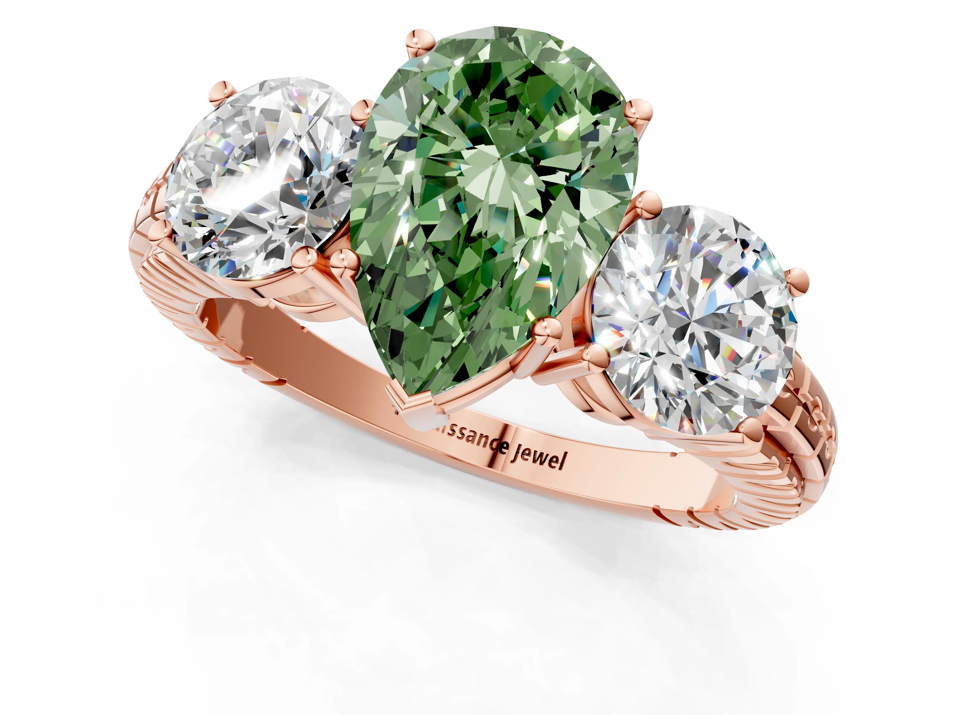 Rose gold Three-Stone Fancy Green Pear Cut Cut Diamond Ring with Channel-Set Band and Prong Setting_1