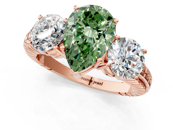 Rose gold Three-Stone Fancy Green Pear Cut Cut Diamond Ring with Channel-Set Band and Prong Setting