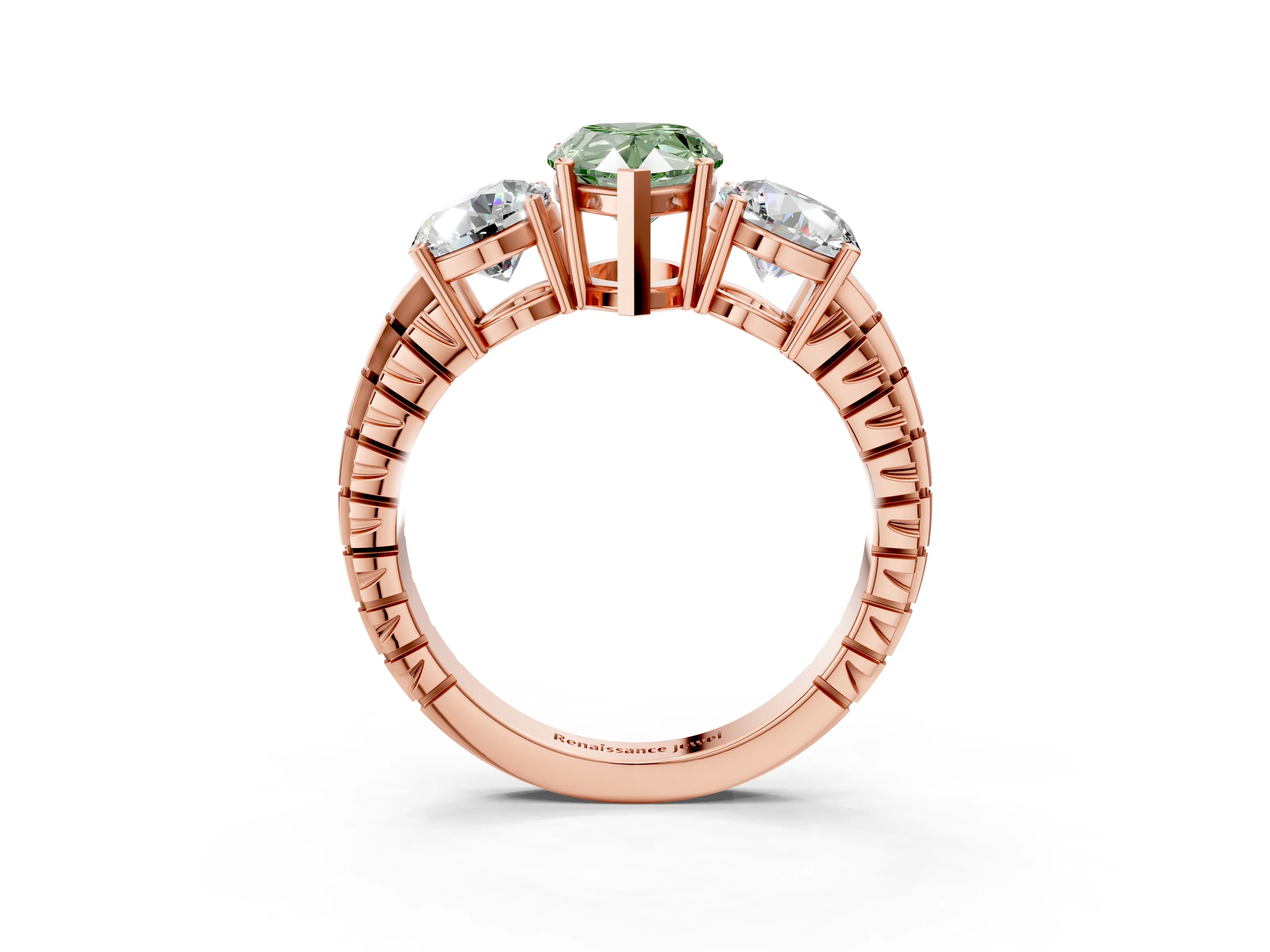 Rose gold Three-Stone Fancy Green Pear Cut Cut Diamond Ring with Channel-Set Band and Prong Setting_3
