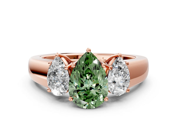 Rose gold Three-Stone Fancy Green Pear Cut Cut Diamond Ring with Prong Setting and Classic Band