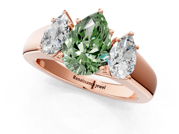 Rose gold Three-Stone Fancy Green Pear Cut Cut Diamond Ring with Prong Setting and Classic Band