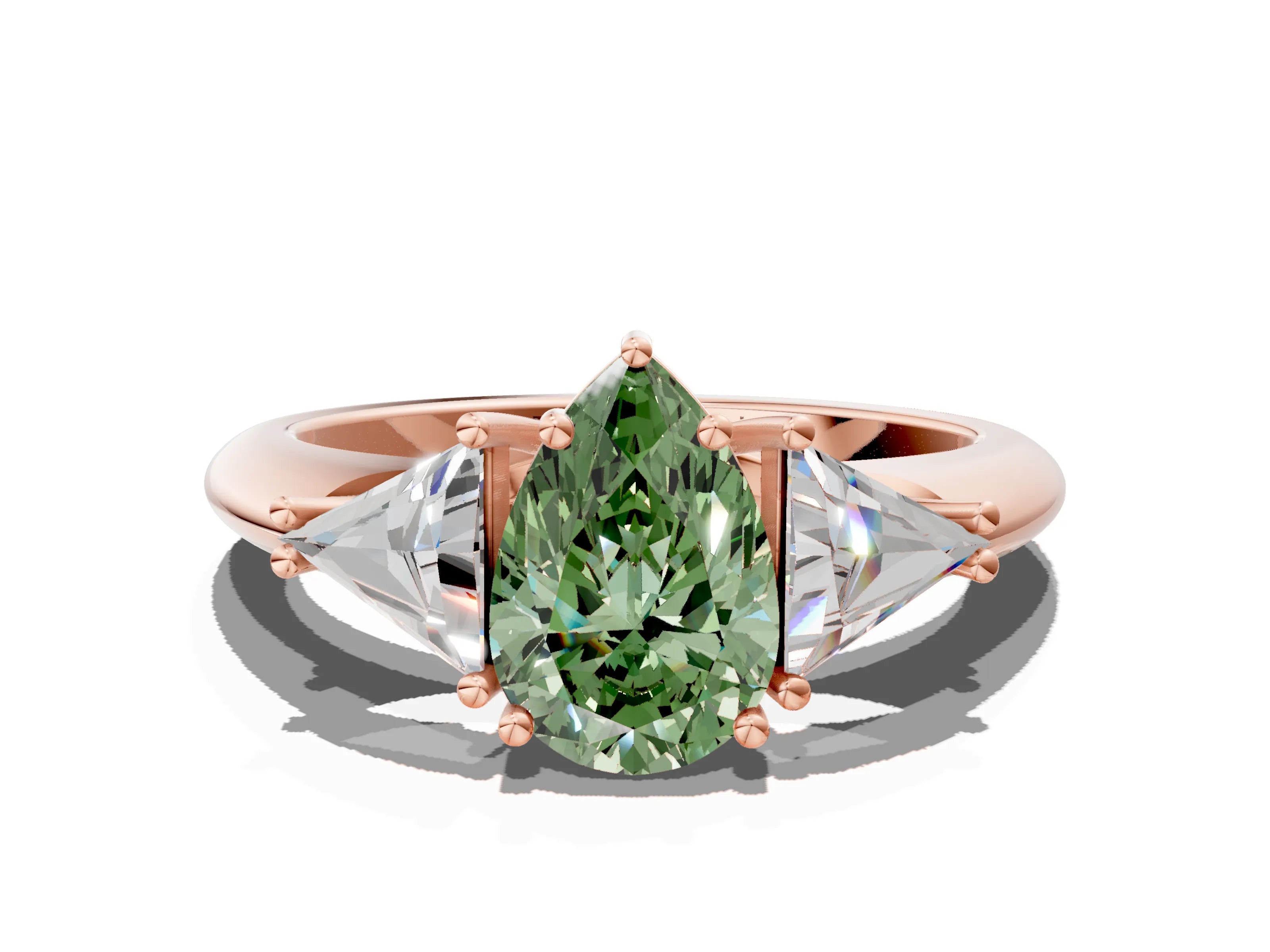 Rose gold Three-Stone Fancy Green Pear Cut Cut Diamond Ring with Trillion Side Stones and Four-Prong Setting_3