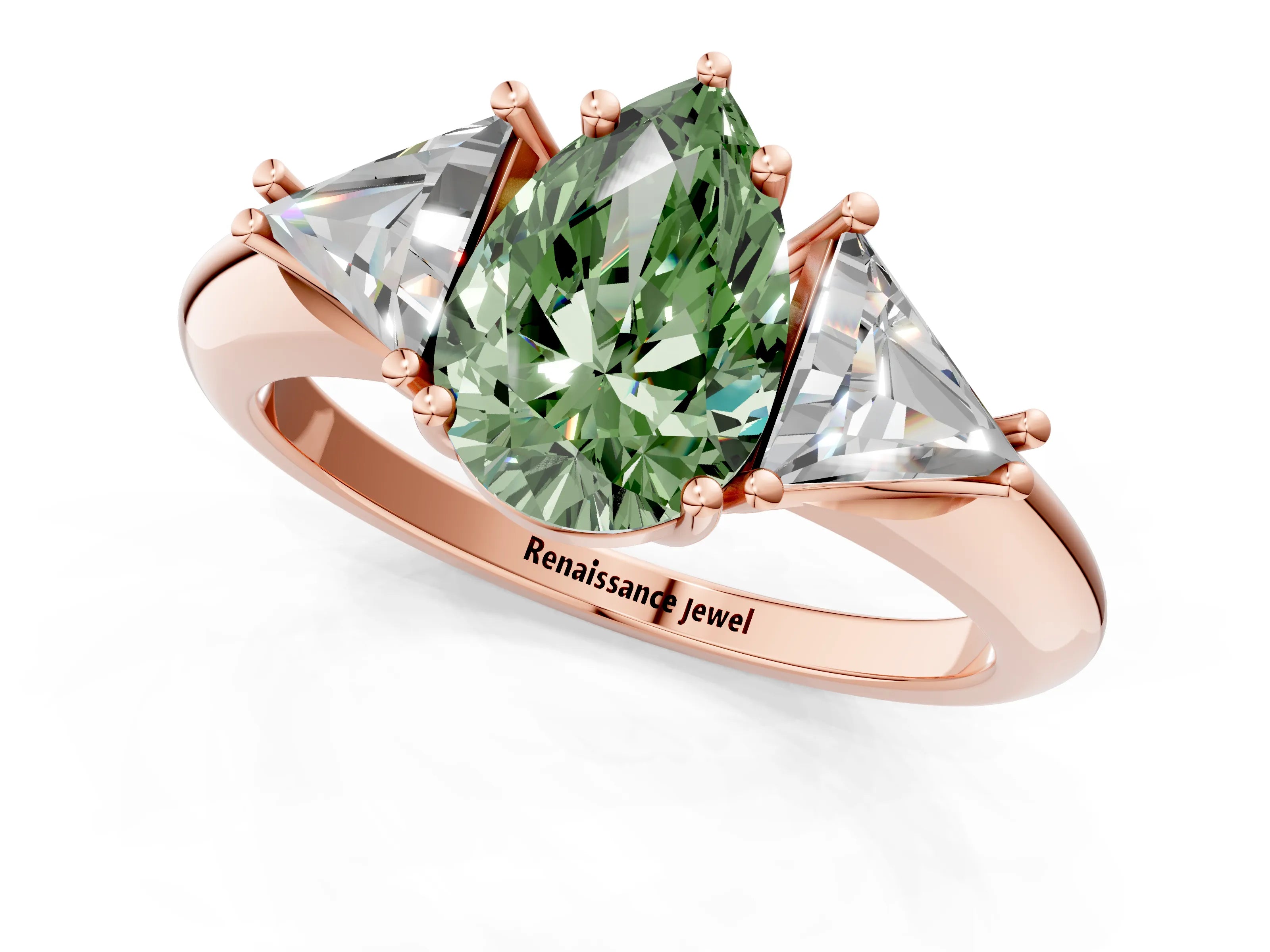 Rose gold Three-Stone Fancy Green Pear Cut Cut Diamond Ring with Trillion Side Stones and Four-Prong Setting_4