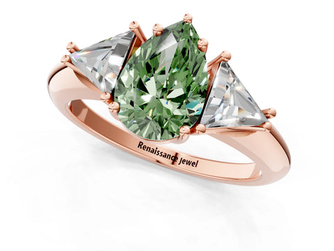 Rose gold Three-Stone Fancy Green Pear Cut Cut Diamond Ring with Trillion Side Stones and Four-Prong Setting_4