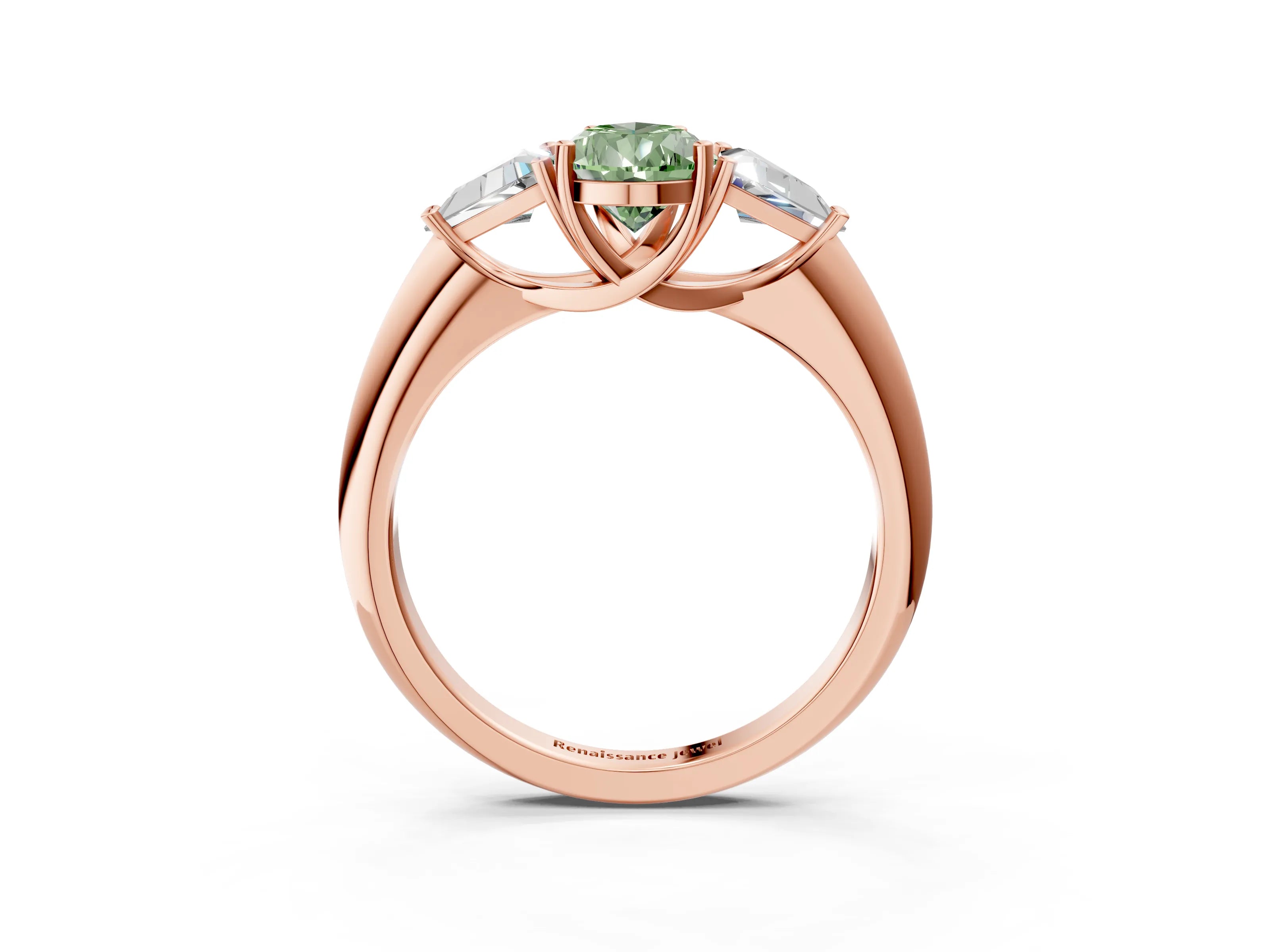 Rose gold Three-Stone Fancy Green Pear Cut Cut Diamond Ring with Trillion Side Stones and Four-Prong Setting_6