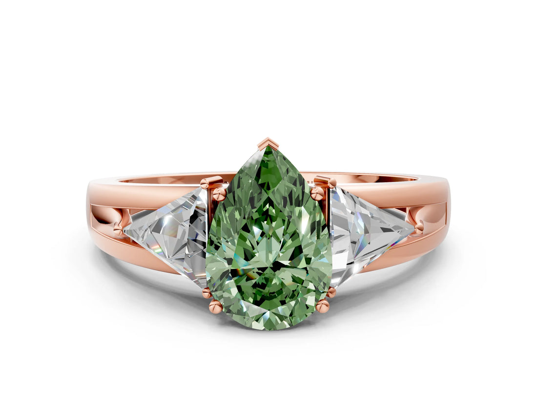 Rose gold Three-Stone Fancy Green Pear Cut Cut Diamond Ring with Trillion Side Stones on a Split Shank Band