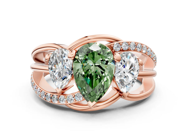 Rose gold Three-Stone Fancy Green Pear Cut Cut Diamond Split Shank Prong Set Ring
