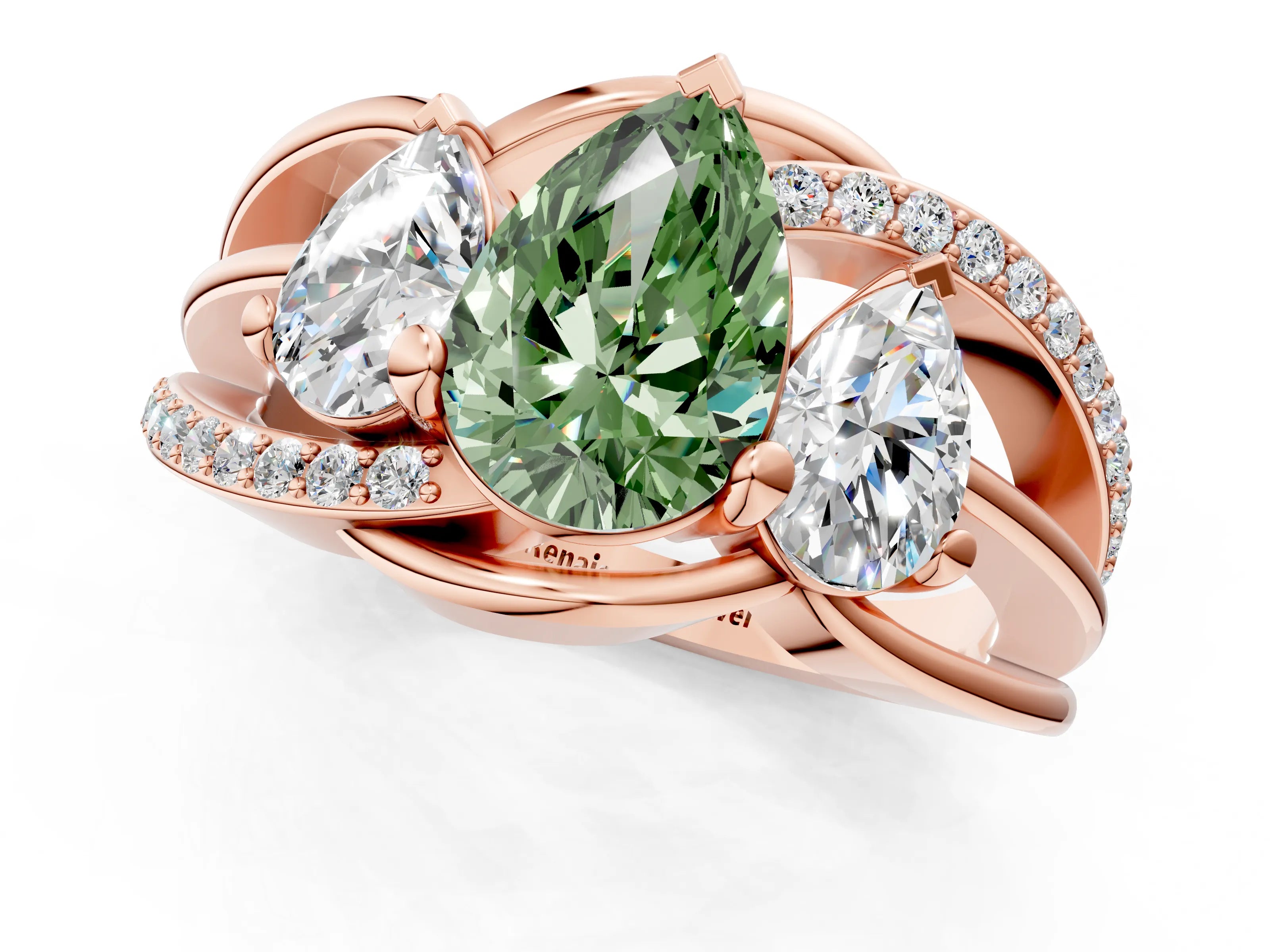 Rose gold Three-Stone Fancy Green Pear Cut Cut Diamond Split Shank Prong Set Ring_1
