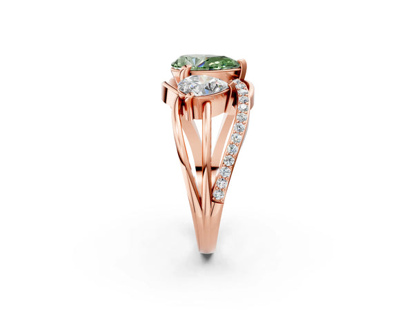 Rose gold Three-Stone Fancy Green Pear Cut Cut Diamond Split Shank Prong Set Ring