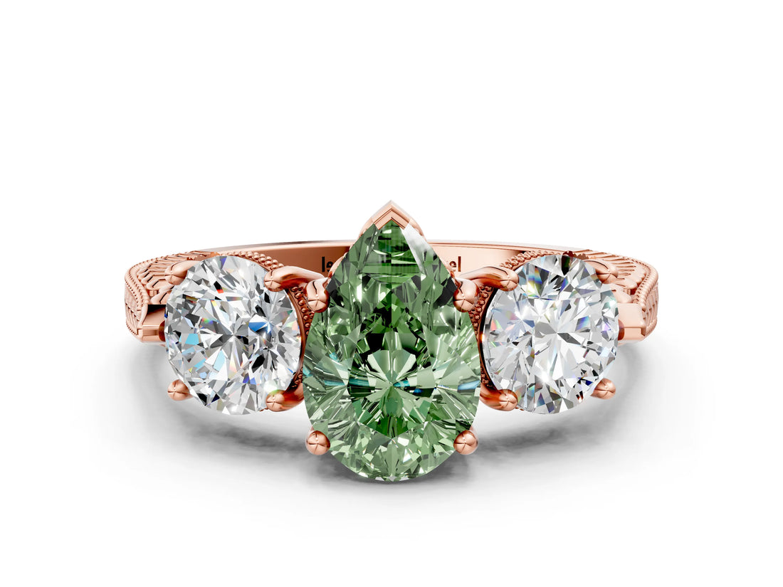 Rose gold Three-Stone Fancy Green Pear Cut Cut Milgrain Band Prong Setting Ring