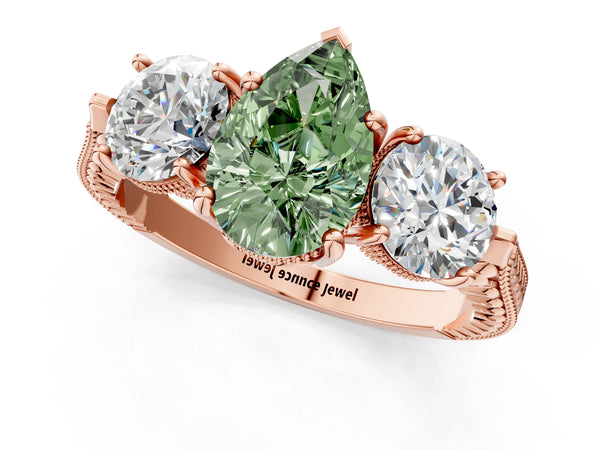 Rose Gold Pear-Shaped Vintage Three Stone Engagement Ring Setting for Fancy Green Center