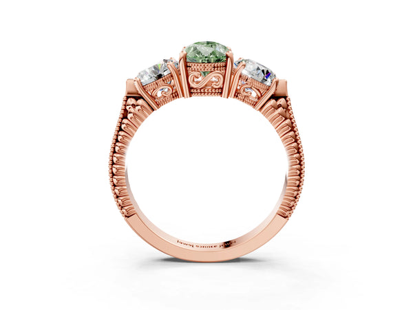 Rose Gold Pear-Shaped Vintage Three Stone Engagement Ring Setting for Fancy Green Center