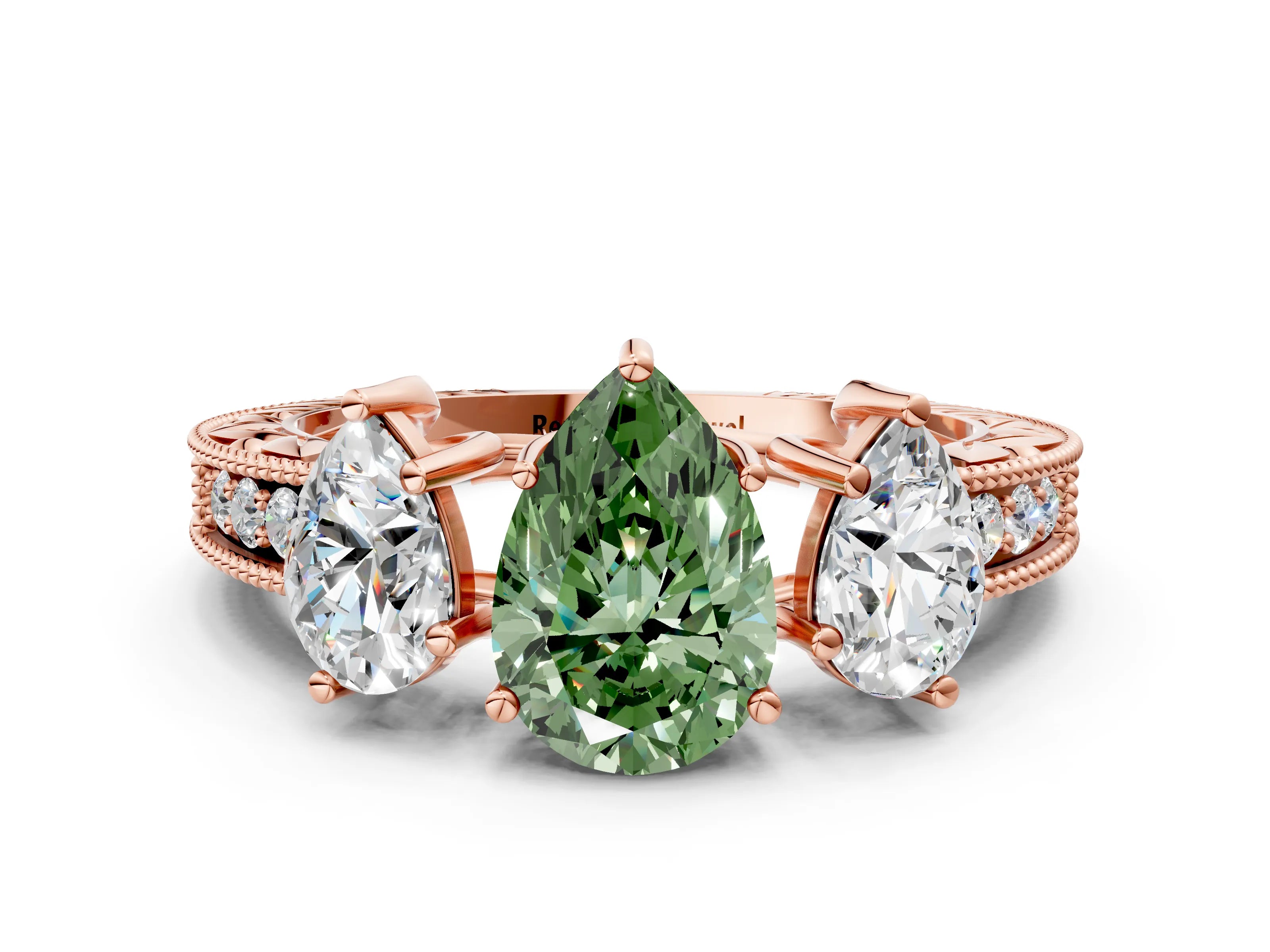 Rose gold Three-Stone Fancy Green Pear Cut Cut Milgrain Pavé Engagement Ring