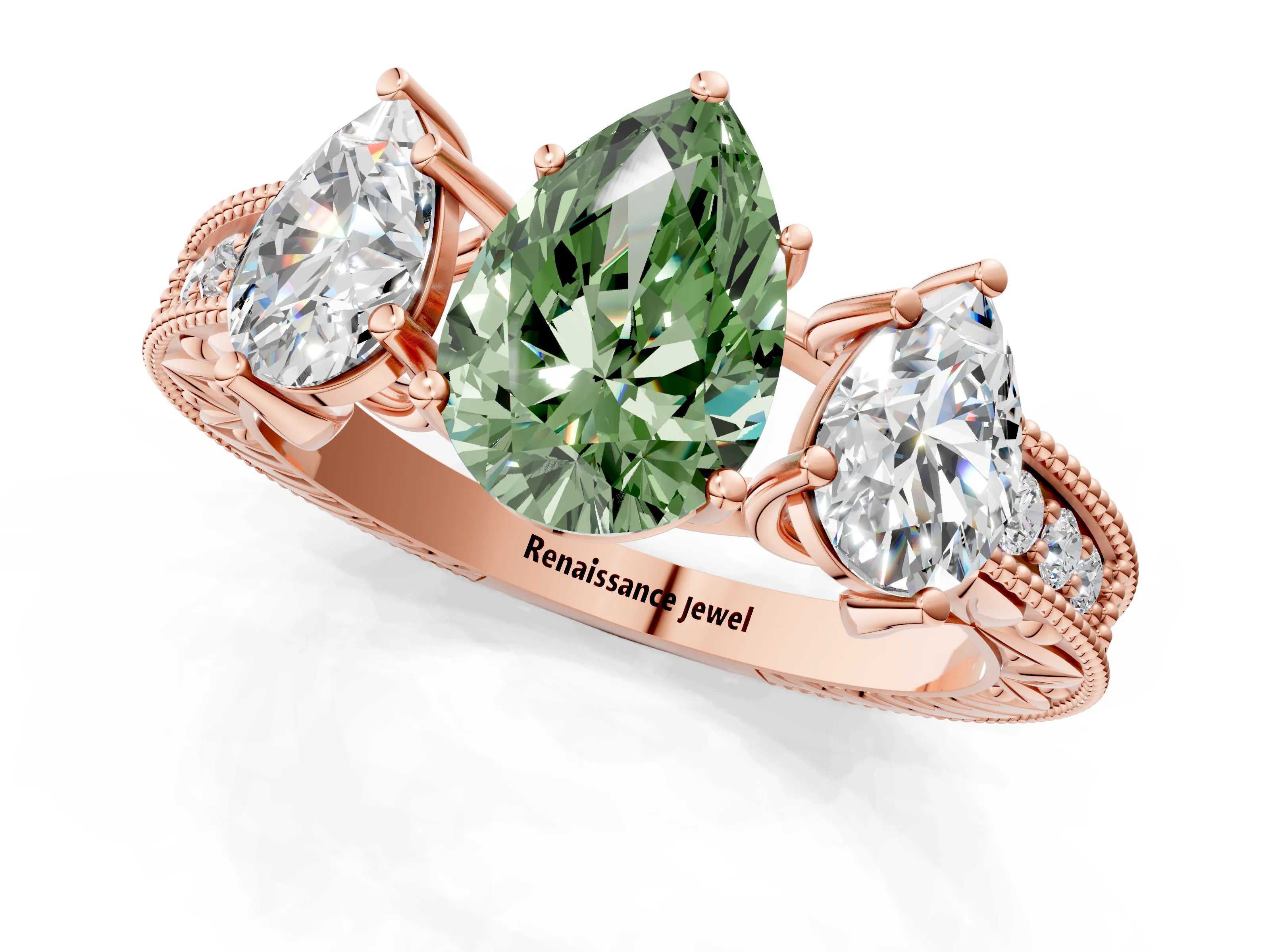 Rose gold Three-Stone Fancy Green Pear Cut Cut Milgrain Pavé Engagement Ring_1