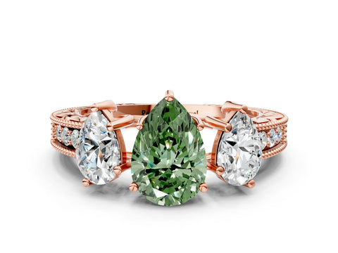 Rose gold Three-Stone Fancy Green Pear Cut Cut Milgrain Pavé Engagement Ring_12