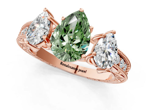 Rose gold Three-Stone Fancy Green Pear Cut Cut Milgrain Pavé Engagement Ring_13