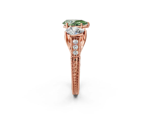 Rose Gold Pear-Shaped Engraved Three Stone Engagement Ring Setting for Fancy Green Center